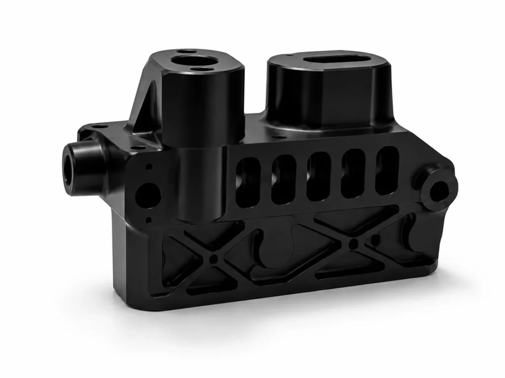 Black CNC machined housing for robotic automation systems